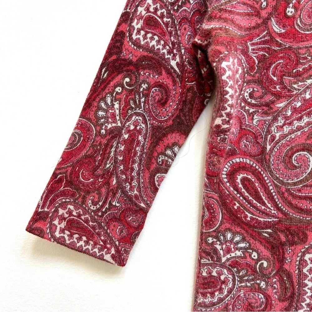 Tweeds Lambs Wool Angora Blend Red Pink Paisley 3/4 Sleeve Cardigan Size Small P
